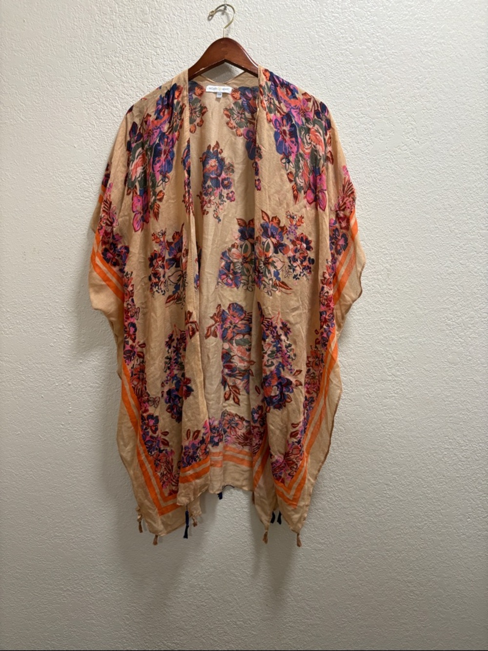 Woven Heart Beige Floral Kimono with Pink & Orange Blooms